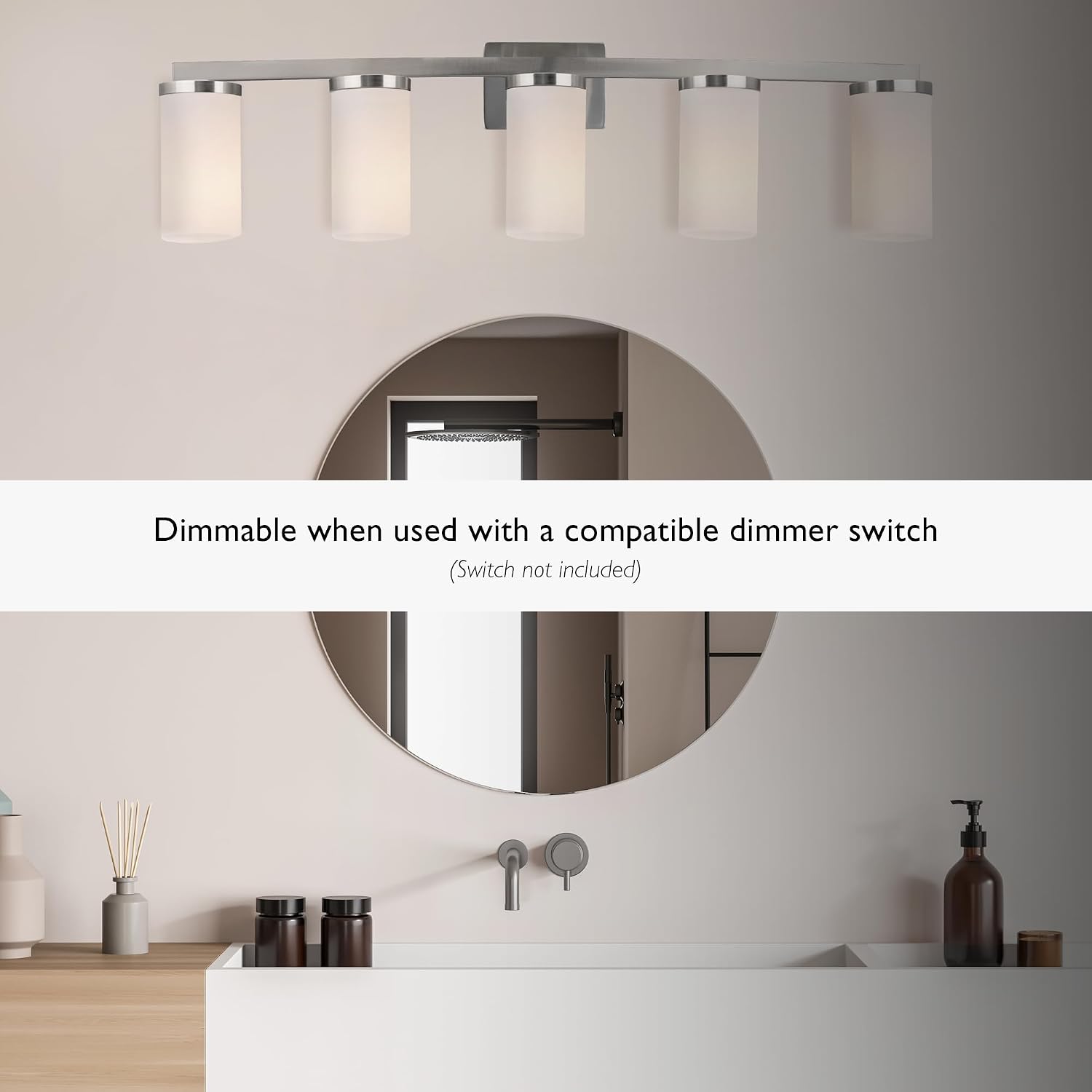 Design House Desta Vanity Light, 5-Light, Curved Bar Design, Frosted Glass Glow, Dimmable, Up/Down Mountable, E26 Socket, Satin Nickel, 38.6 in L x 6.9 in W x 9.5 in H, 589176-SN