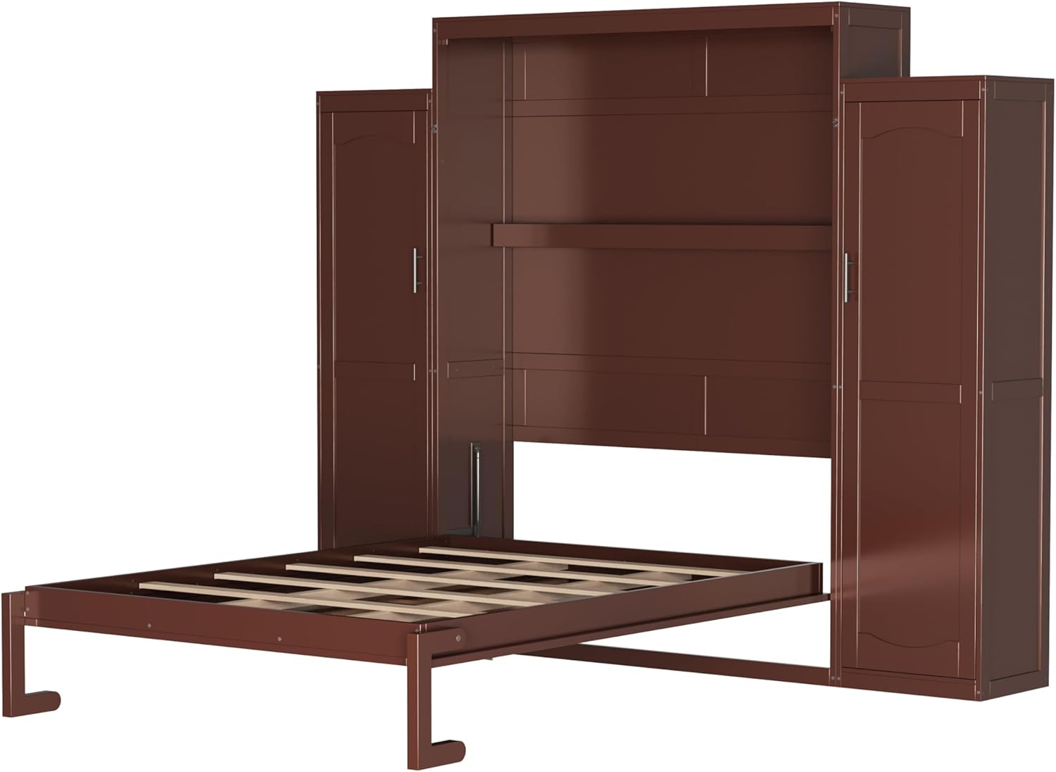 Queen Size Murphy Bed Wall Cabinet with 2 Wardrobe and Storage Shelf, Wooden Murphy Cube Wall Bed, Space Saving Pull Out Hidden Bedframe for Guest Room, Apartment, Walnut