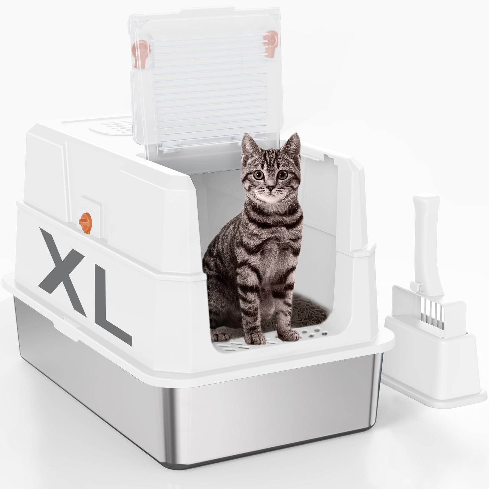 SZEE XL Edelsthal Katzenklo mit 180° Klappdeckel, Große Geschlossene Katzentoilette Edelstahl mit Deckel, Stainless Steel Cat Litter Box with Scoop-59x38x38cm, Weiß