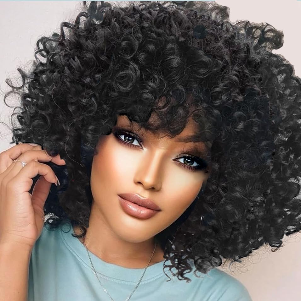 Retoleca Curly Wigs for Black Women Short Curly Wig with Bangs Soft Big Bouncy Fluffy Small Curls Heat Resistant Synthetic Wig for Daily Party Use (