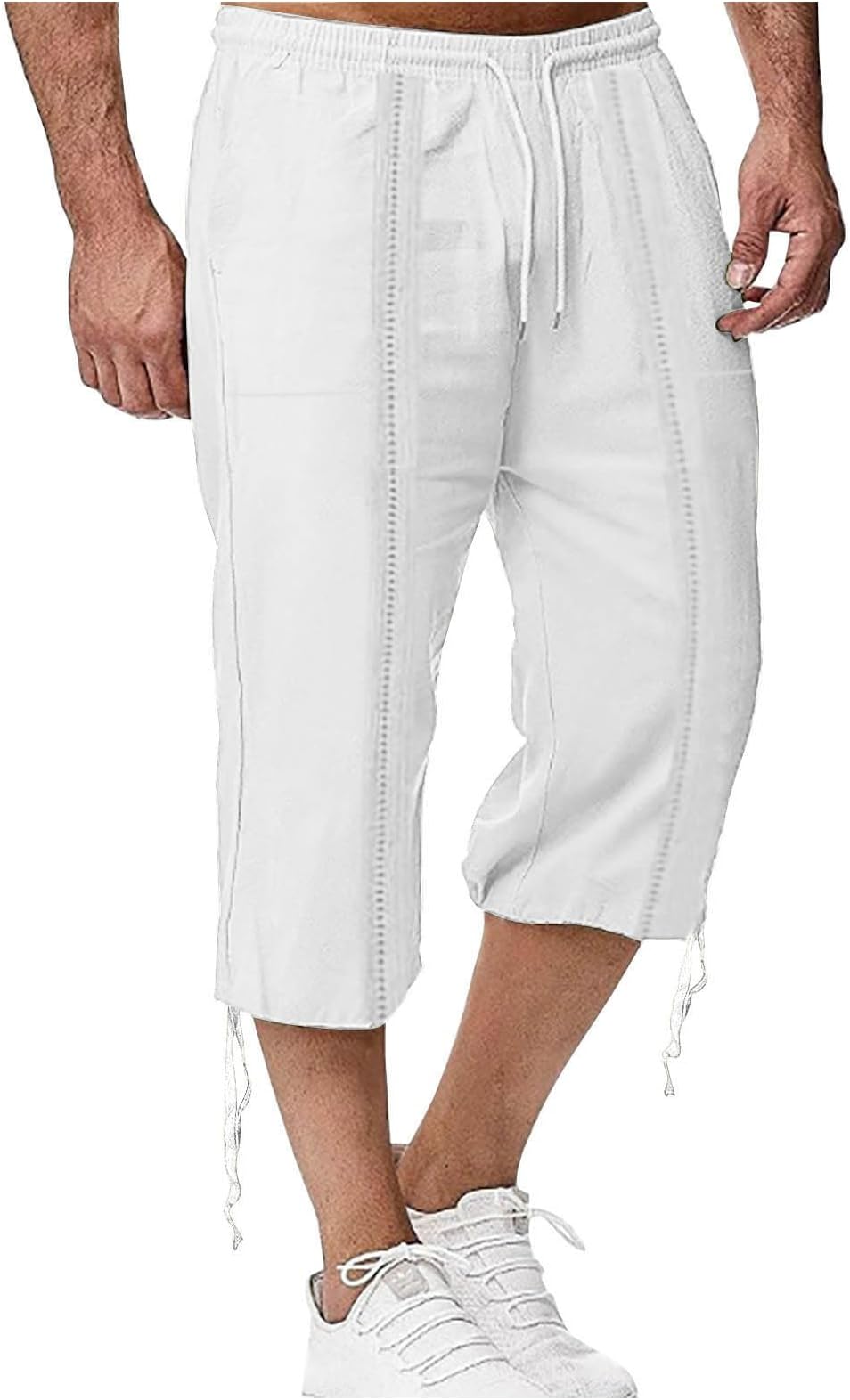 Mens Linen Shorts - 3/4 Length Shorts Men Casual Long Shorts Men's Three Quarter Trousers Summer Cargo Shorts Lightweight Lounge Elasticated Waist Drawstring Sweatpants with Pockets