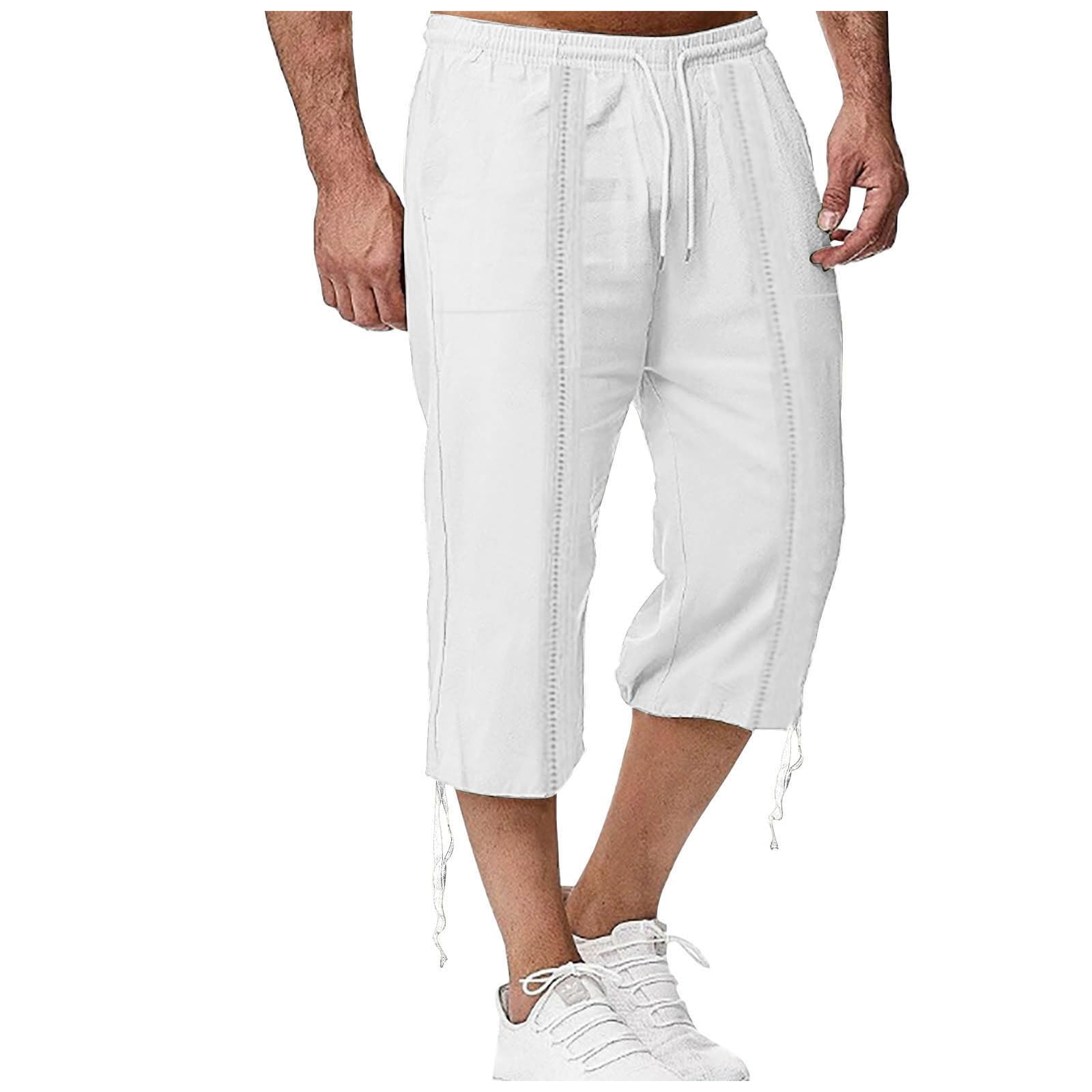 Mens Linen Shorts - 3/4 Length Shorts Men Casual Long Shorts Men's Three Quarter Trousers Summer Cargo Shorts Lightweight Lounge Elasticated Waist Drawstring Sweatpants with Pockets