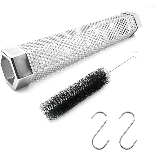Pellet Smoker Tube,12"Stainless Steel Hexagon BBQ Wood Pellet Tube Smoker for Cold/Hot Smoking,5 Hours of Billowing Smoke - for Any Grill or Smoker,Accessories -2 S Shape Hooks,1 Cleaning Brush