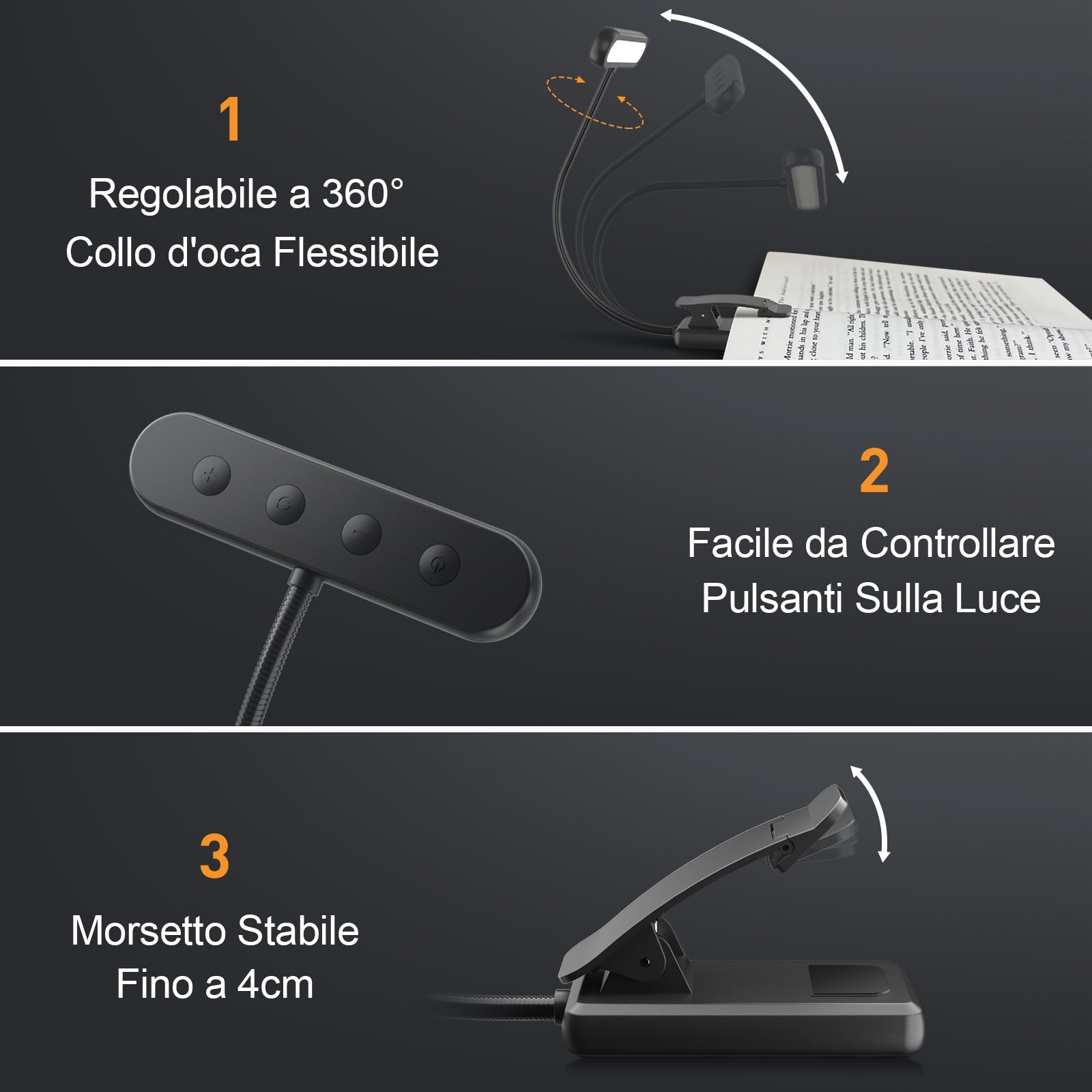 iFalarila 2 Pezzi Luce da Lettura Ricaricabile con Cavo Tipo-C, 12 LED Lampada da Lettura con Clip [3 Colore e 10 Luminosità] Lampade da libro Letto Clip Flessibile a Collo d'oca Piccola per Bambini