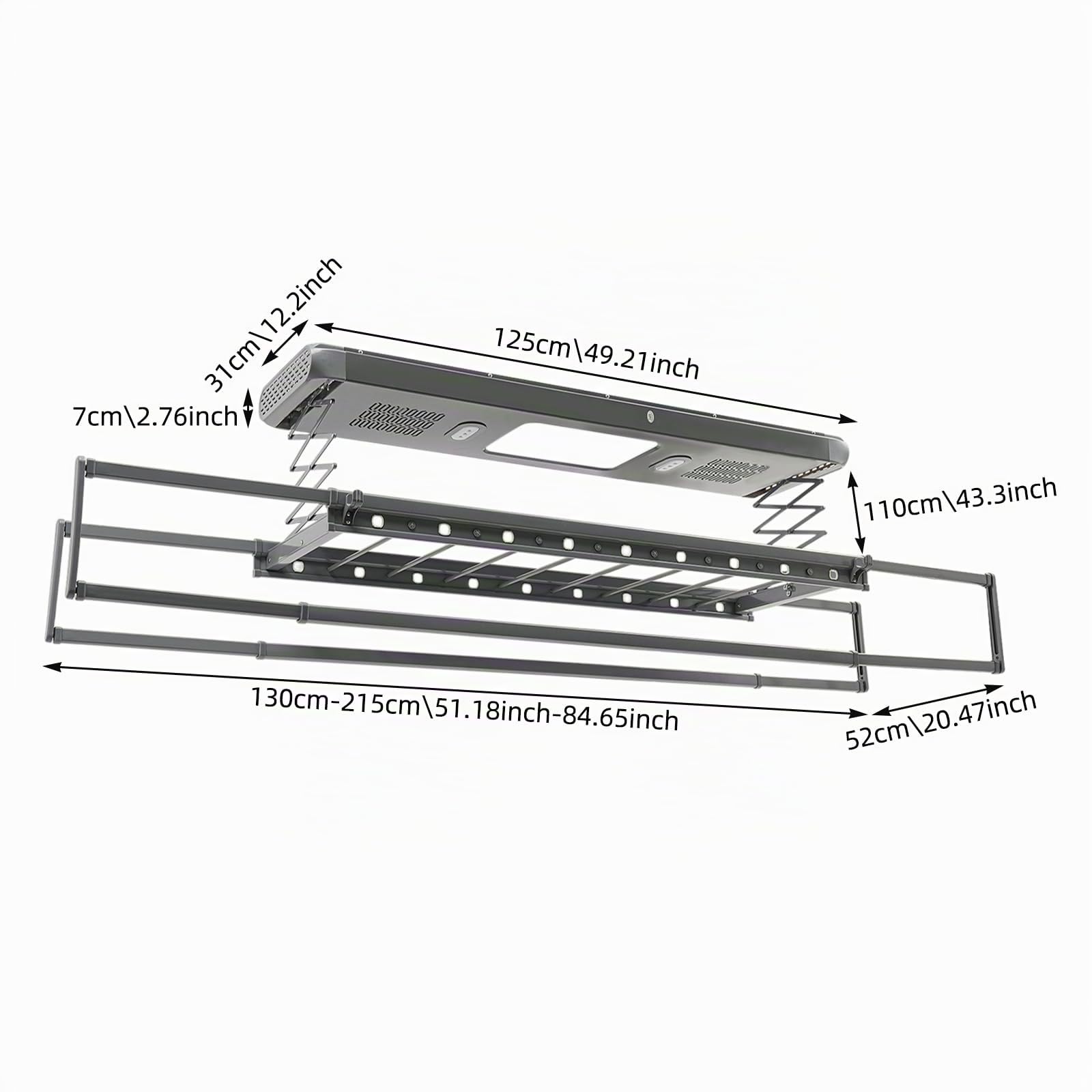 Elektrischer Wäscheständer 125x31x7 cm, Wäscheständer Decke mit Ventilator, Fernbedienung Wäschespinne mit Blaues Licht Sterilisation, Decke Ausziehbarer Wäschehalter mit LED Beleuchtung (Grau)