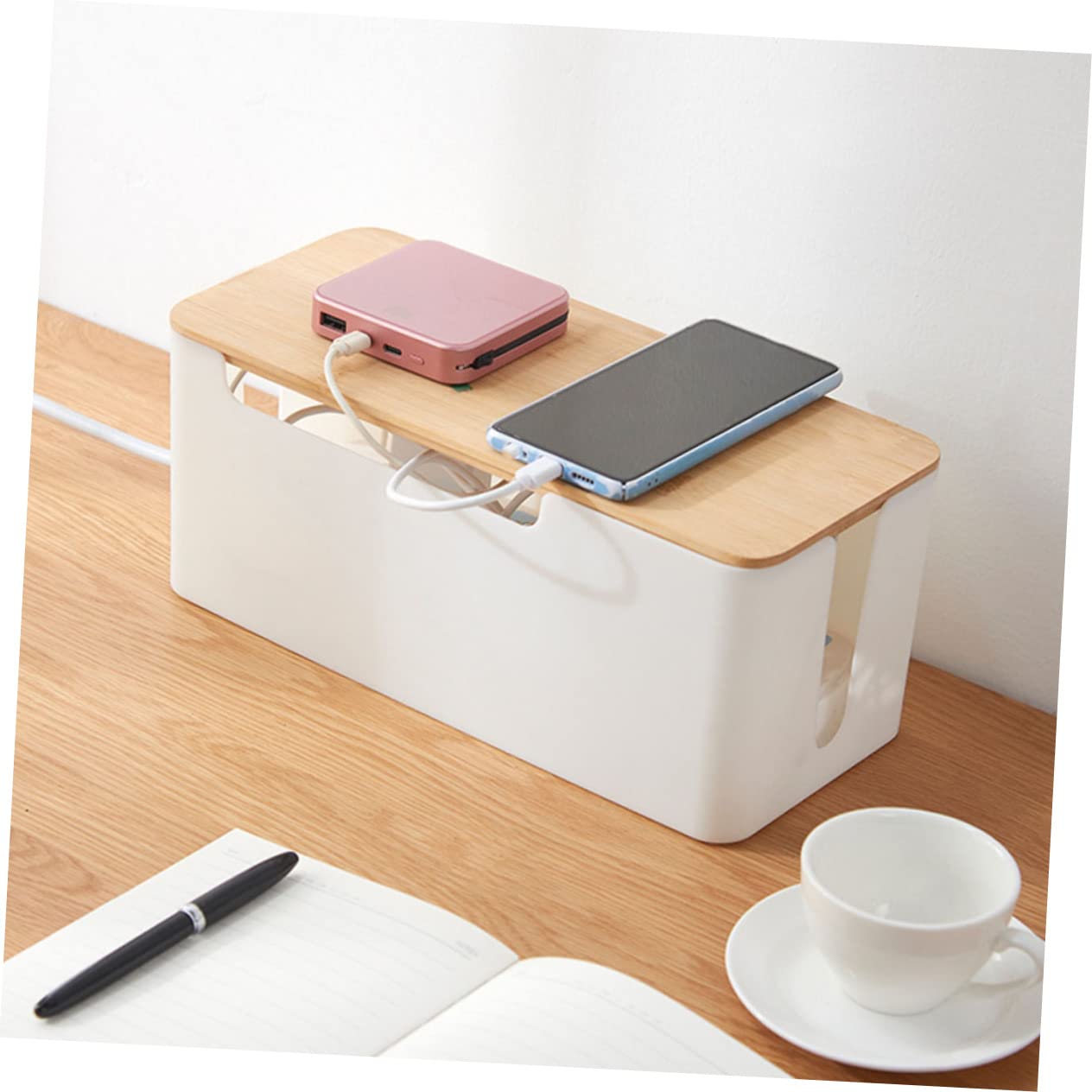Caja de Cables Grande Tapa de Bambú para Enchufes y Cordones