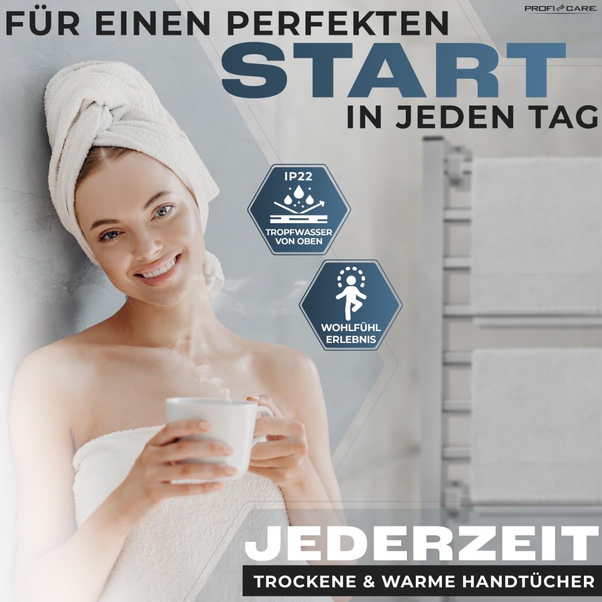 ProfiCare Chauffe-serviettes électrique | Porte-serviettes & sèche-serviettes pour salle de bain | incl. Matériel de montage & pieds | sans perçage | Radiateur silencieux | Câble de 1,5m | PC EHW 3115