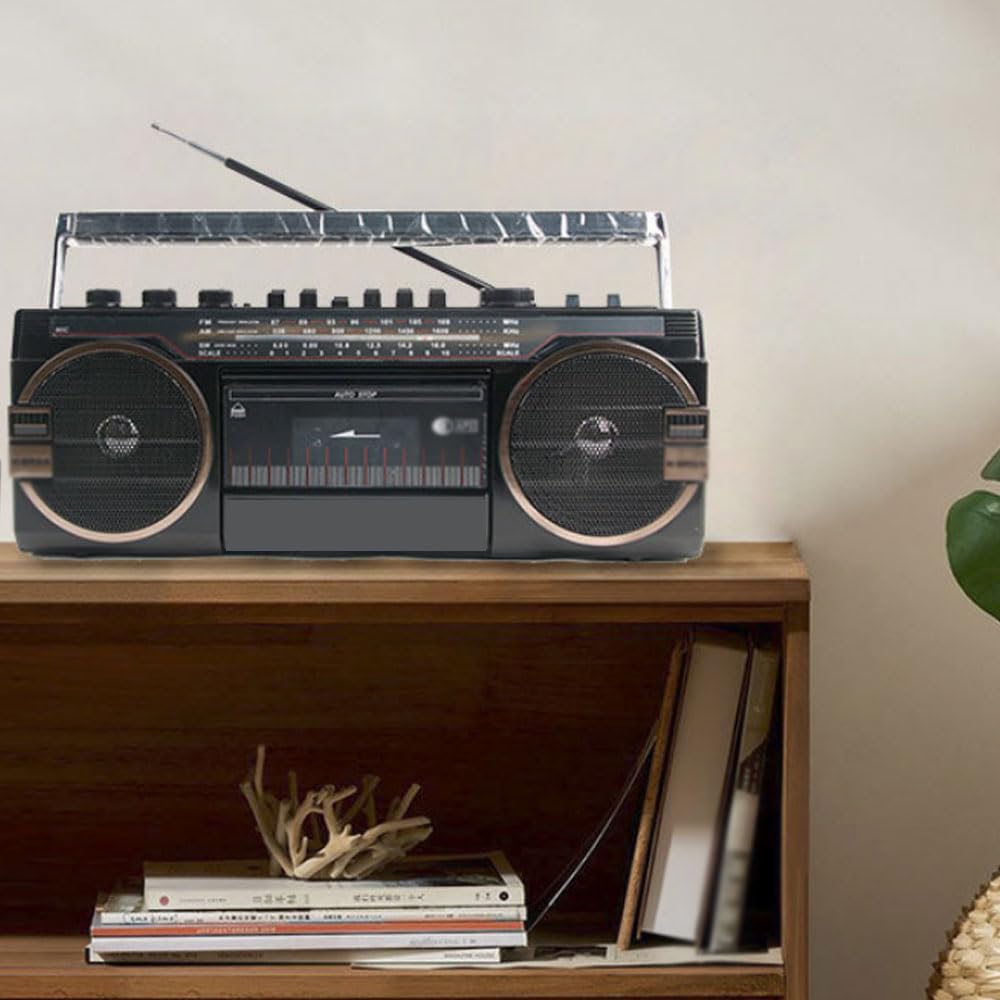 Boombox Bluetooth portable lecteur CD cassette avec connectivité Bluetooth, carte SD/TF/USB/casque de lecture, design vintage pour les réunions de famille et les voyages