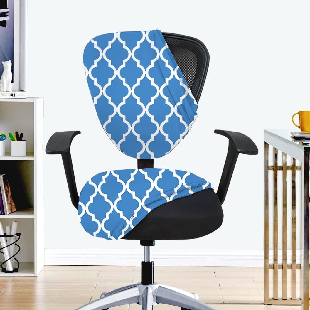 LAZI 2Pcs Chair Cover Set of 6 Blue Diamond Print Stretchable Elastic Removable Washable Office Chair Cover Desk Executive Rotating Chair Seat Cover Slipcover Protector for Office Computer Chair