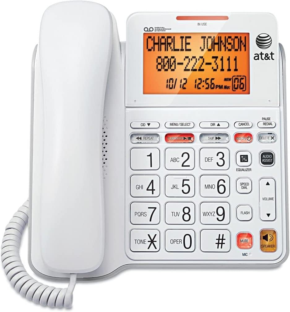 AT&T CL4940 Corded Answering System with Backlit Display, White, Display Dial, Mute, Last Number Redial, Flash, Clearspeak Dial-in-Base Speakerphone, Caller ID/Call Waiting, Audible Message Alert