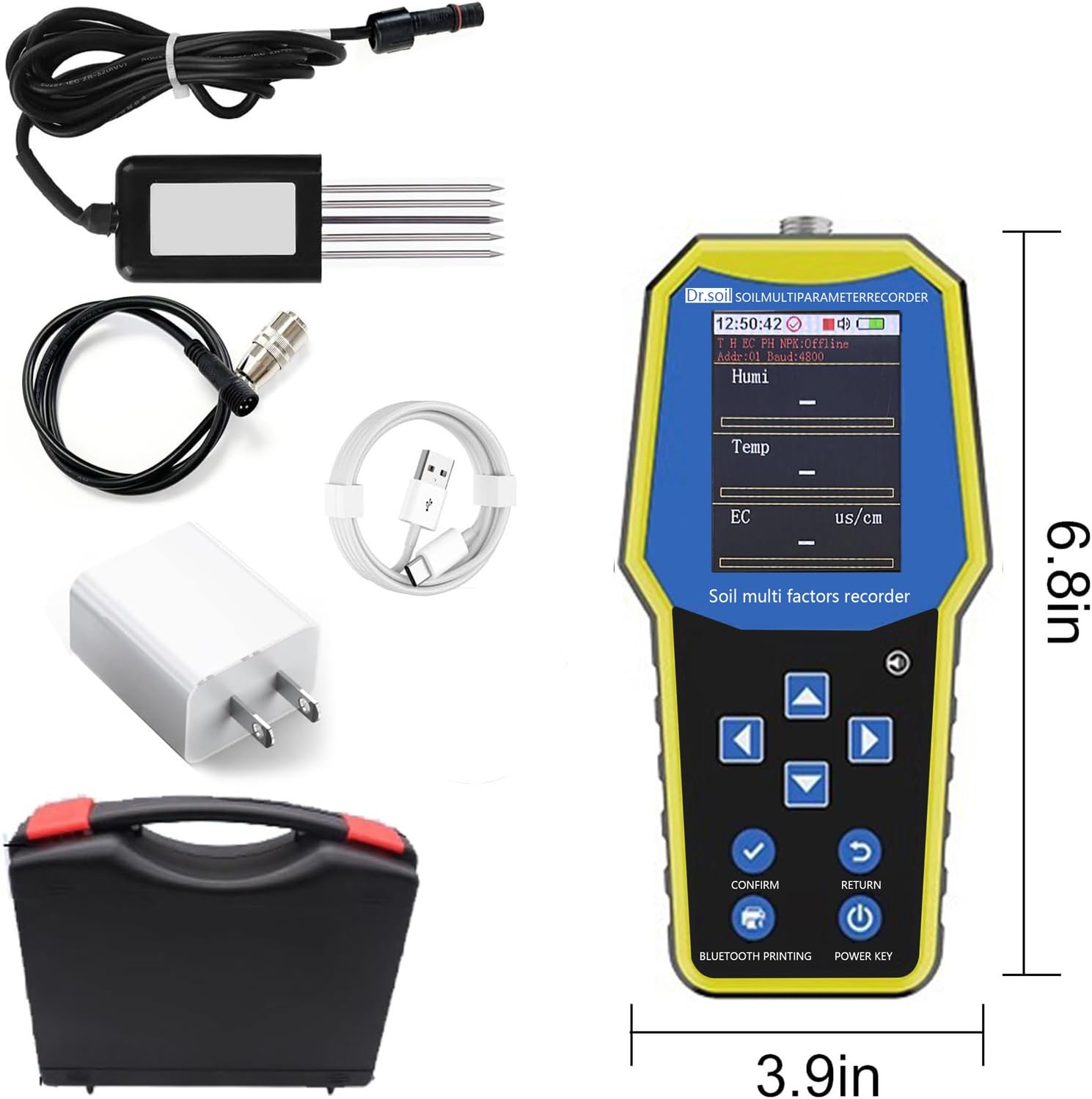 Misuratore di umidità del terreno multifunzione 7 in 1, kit misuratore di pH con umidità, temperatura, conduttività, azoto, fosforo e pH, display LCD, misuratore di umidità del terreno con custodia fo