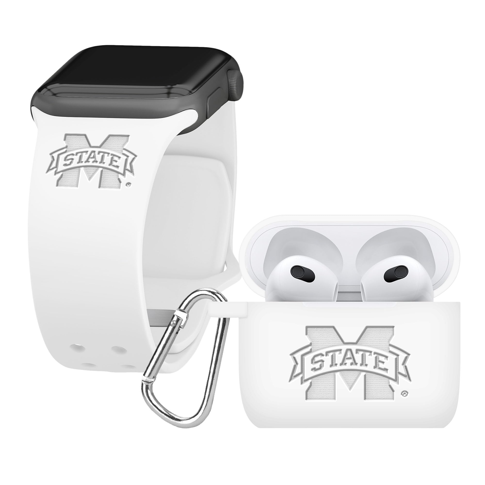 Affinity Bands Mississippi State Bulldogs Engraved Silicone Combo Package Compatible with Apple Watch and AirPods Gen 3 (38/40/41mm White)
