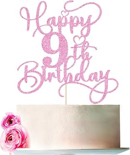 Pink Happy 9th Birthday Cake Topper 1pcs Glitter Cake Topper for Nine Birthday/Anniversary Theme Party Cake Decorations Supplies (9th)
