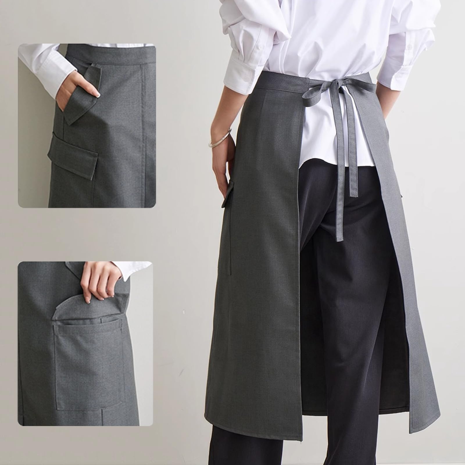 Medio Delantal con 4 Bolsillos, Delantal De Cocina, Mandil Camarero Largo para Cocinar Barbacoas Y RestaurantesGrey,One Size