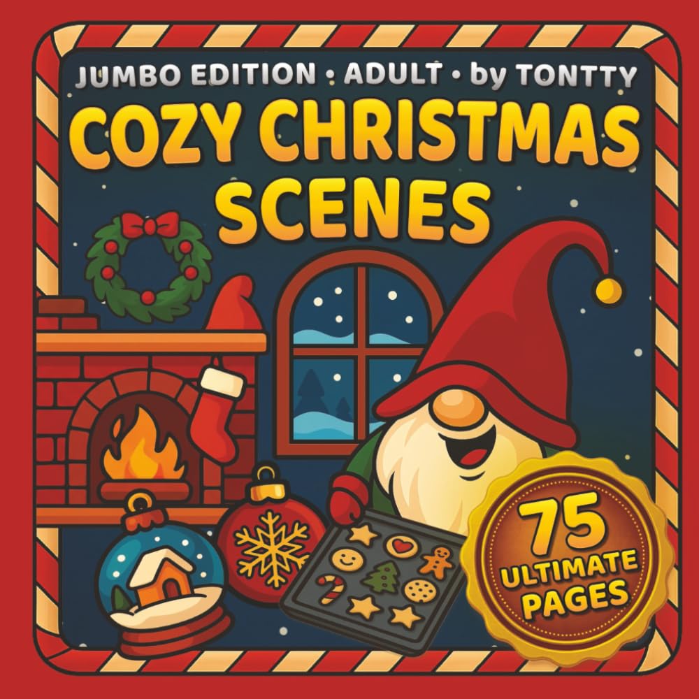 COZY CHRISTMAS SCENES: 75 ULTIMATE Adult Coloring Book: Cute Gnomes, Fireplaces, Kitchen Baking, Ornaments, Wreaths, Bells, Snowy Views for Relaxation and Stress Relief.