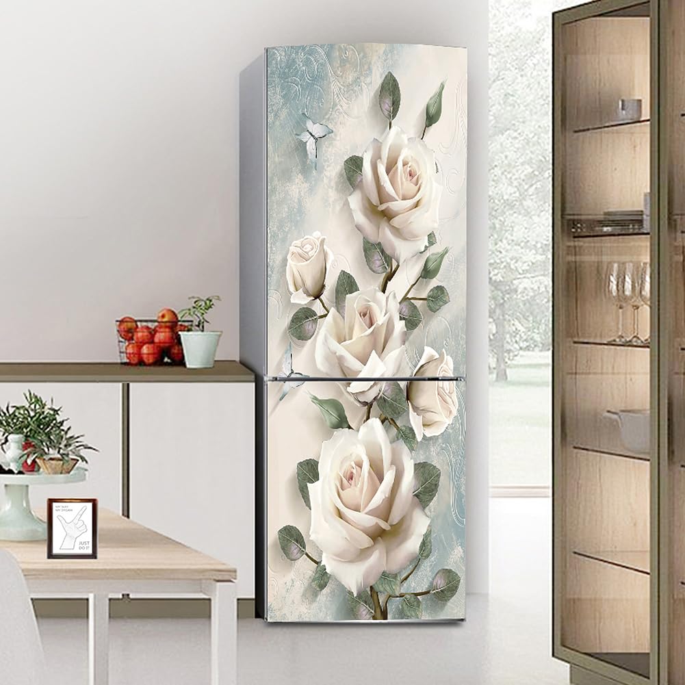 Fridge Stickers, Fridge Sticker Full Covering Door Covers Skins Wall Stickers for Kitchen Decal, White Peony Flower(S: 60x150 cm)