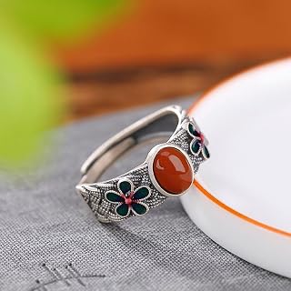 Mnyixsi Southern Red Agate Ring, Palace Style 925 Sterling Silver Plated 18k Gold Lucky Ring, Vintage Plum Blossom Adjustable Rings Charming Red Stone Ring