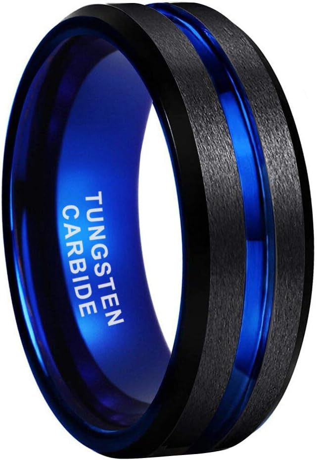 iTungsten 8mm Black Blue Tungsten Carbide Rings for Men Women Wedding Bands Two Tone Beveled Edges Matte Finish Comfort Fit