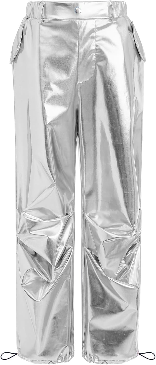 ACSUSS Kids Girls Metallic Baggy Cargo Pants Shiny Dance Trousers Party Street Hip Hop Joggers with Multi-Pockets