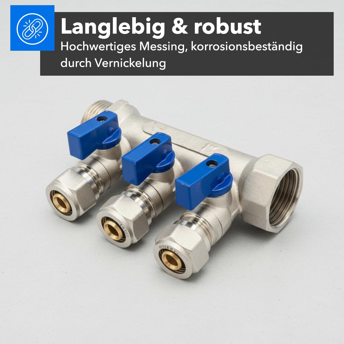 Belrad Heizkreisverteiler 4 Abgänge Kugelhahn blau 1" AG 1" IG 1/2" 16 mm Eurokonus vernickeltes Messing Einzelabsperrung