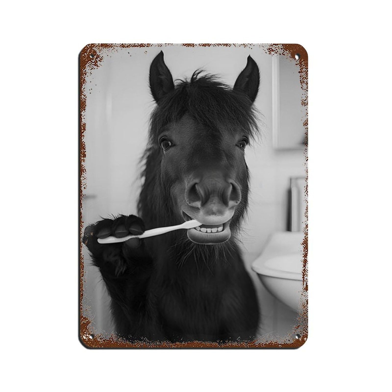 Horse Brushing Teeth, Funny Bathroom Art Retro Poster Metal Tin Sign Chic Art Retro Iron Painting Bar People Cave Cafe Family Garage Poster Wall Decoration 12x16inch(30x40cm)