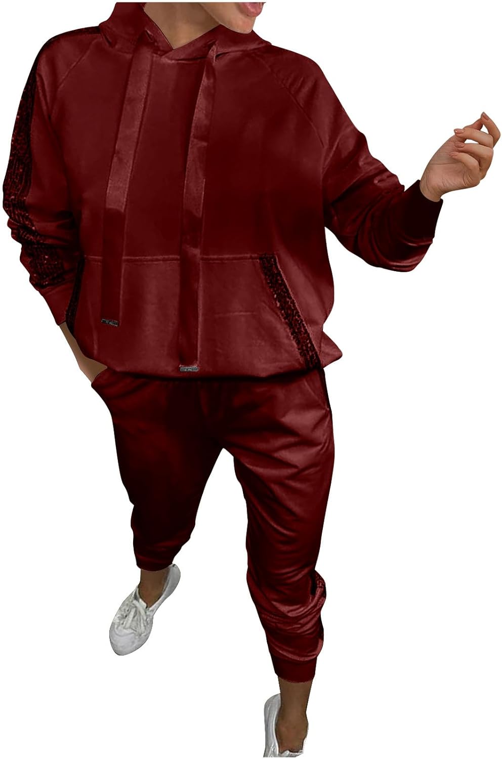 HGps8w 2 Piece Outfits for Women Sweatsuit Sets Stylish Sequin Patchwork Long Sleeve Pullover Hoodie Sweatshirt Jogging Suits
