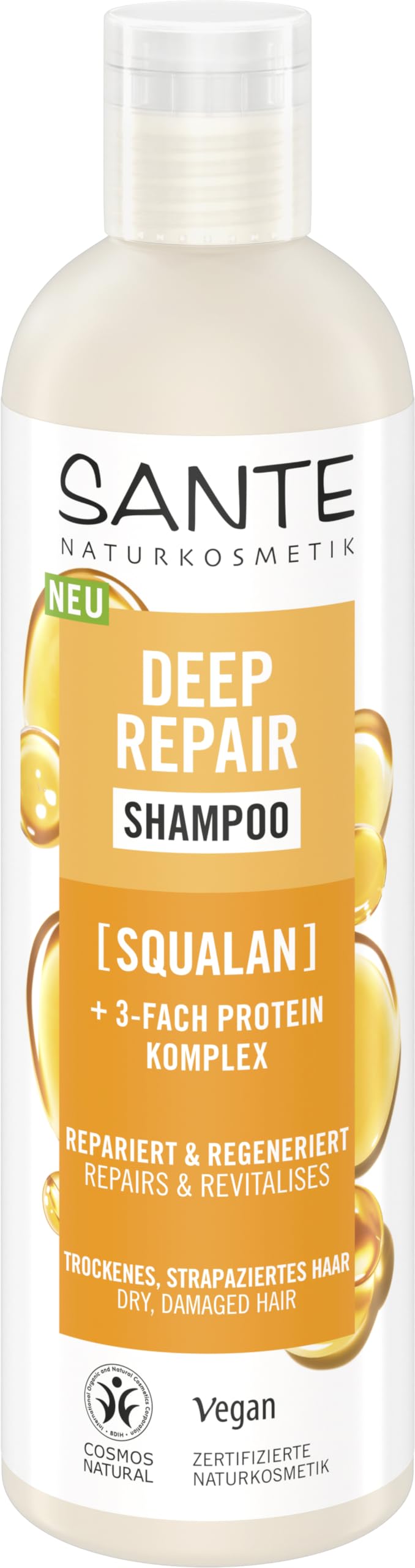 SANTE Naturkosmetik Deep Repair - Champú escualano + complejo de proteínas de 3 capas, champú vegano para el cuidado del cabello suave y brillante, repara el cabello seco y dañado, 250 ml