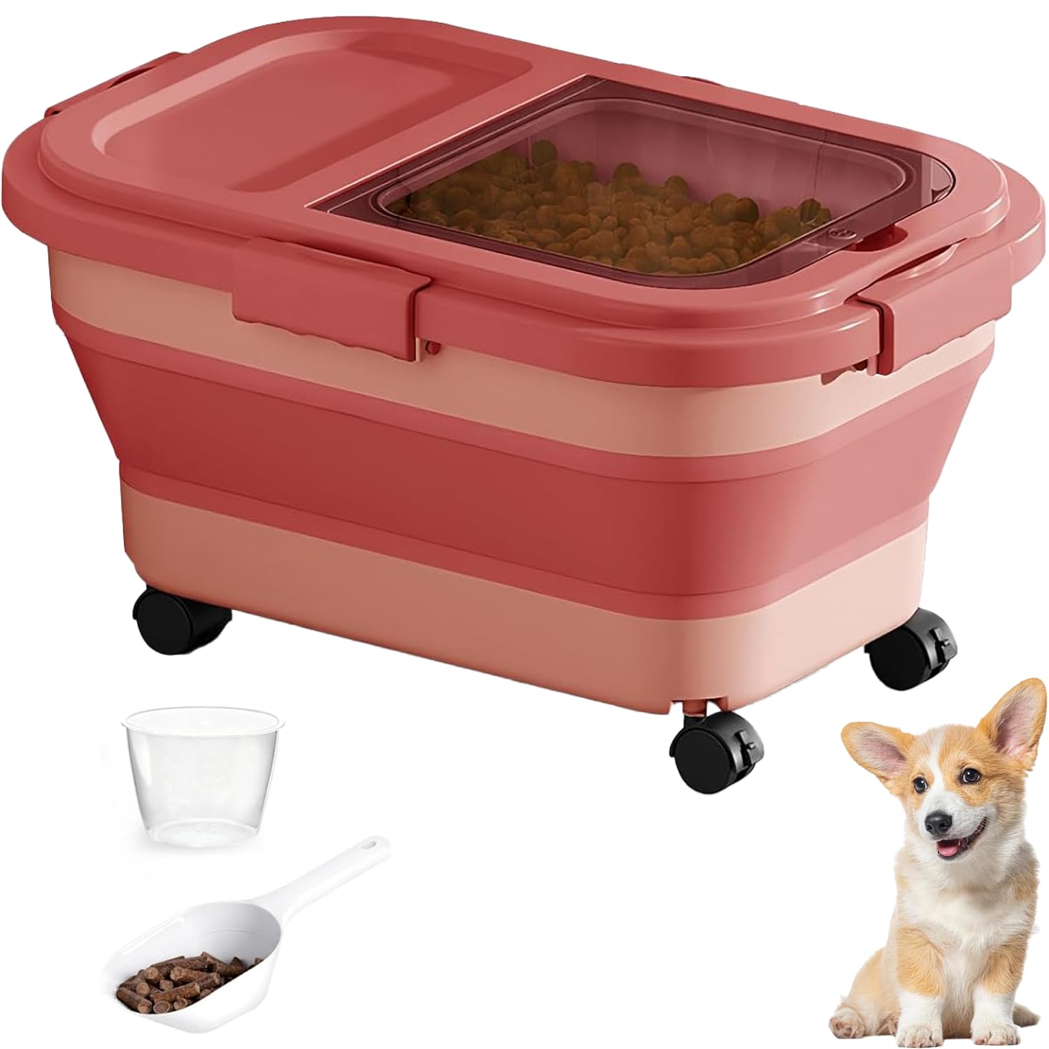 Zhuiyiwin Red Pet Food Storage Container For Dogs/Cats, Airtight Folding Dog Food Bin With Wheels,Handle, Cat Food Container With Lid And Measuring Cup Scoop (Red)