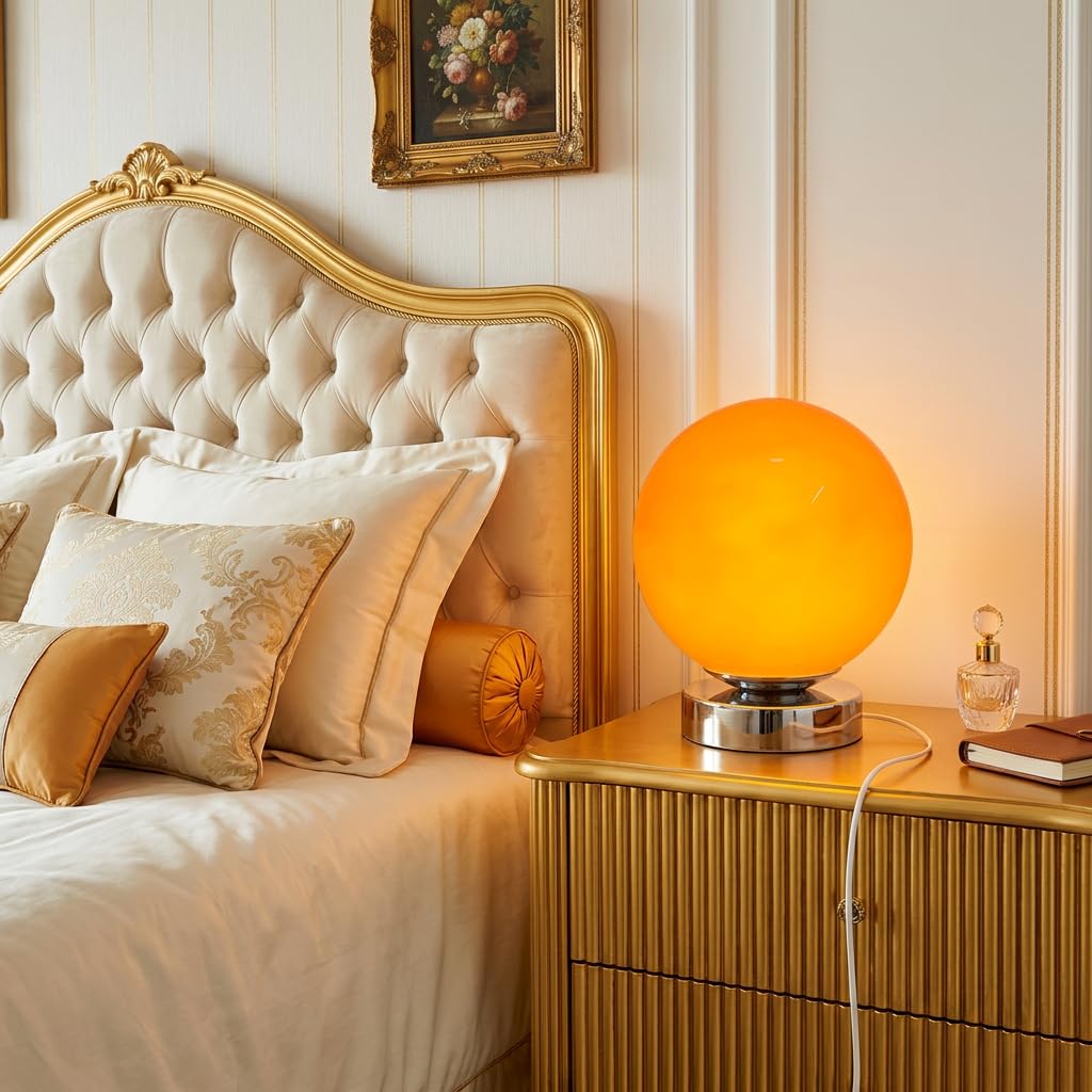 Kugel Tischlampe mit Stecker LED Tischleuchte Glas Lampenschirm Moderne Nachttischlampe 3000K/4000K/6000K Dekorative Künste Kleine Lampe für Schlafzimmer Wohnzimmer (Orange)
