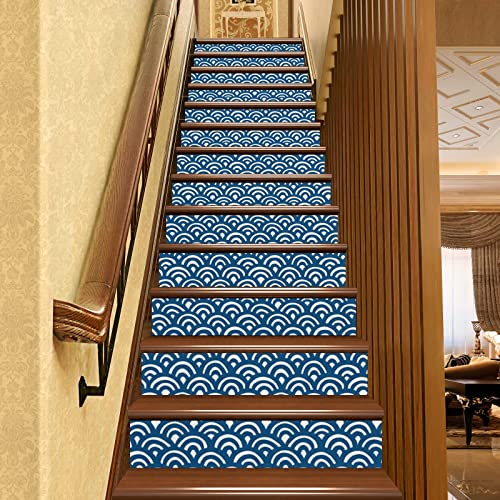 Blue-Nautical Pattern Self Adhesive Stair Stickers, Peel And Stick Vinyl Stair Risers Staircase Murals Decals Sticker Decor For Steps,7.1X39.4In X13Pcs, Dark Sky Blue Ivory #TOP16