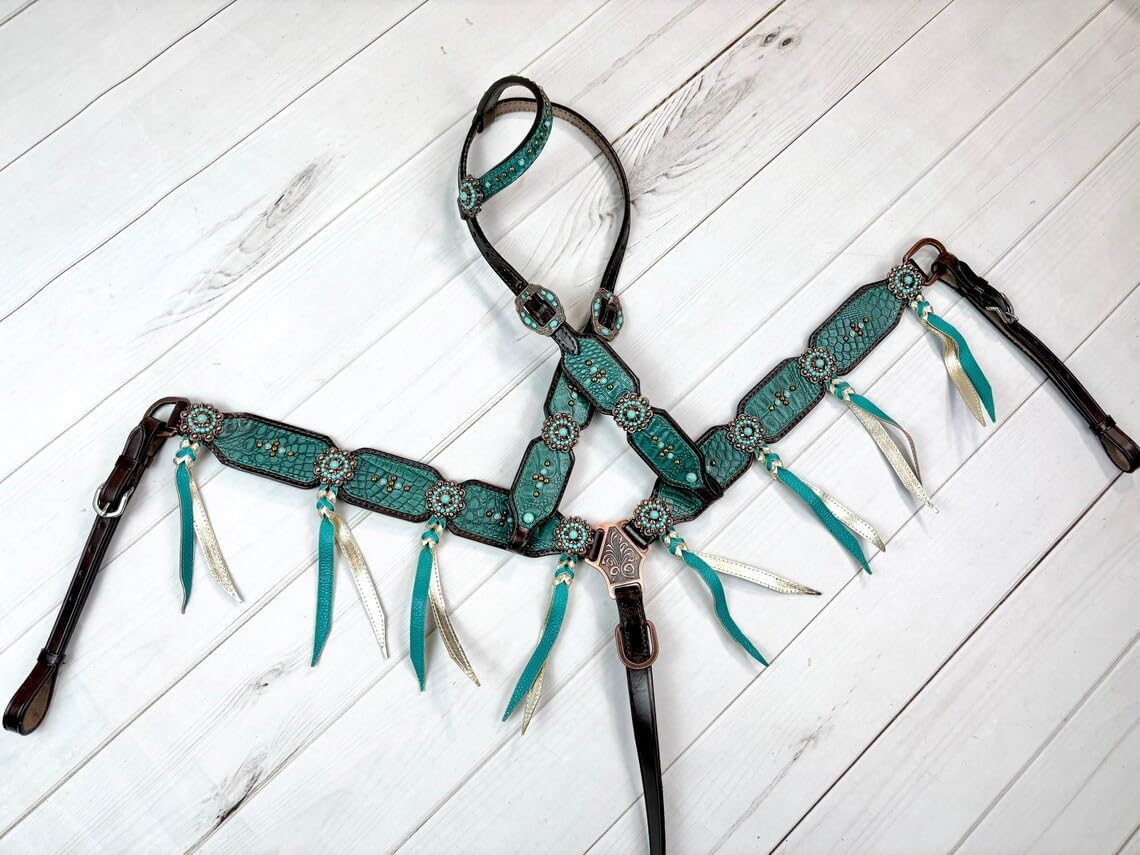 Western One Ear Leather Hand Tooled Headstall and Breast Collar Set with Reins. /Size-Full,Cob AA-08