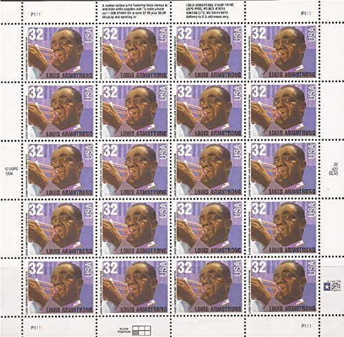 Louis B. Armstrong Sheet of Twenty 32 Cents Stamps Scott 2982 by USPS