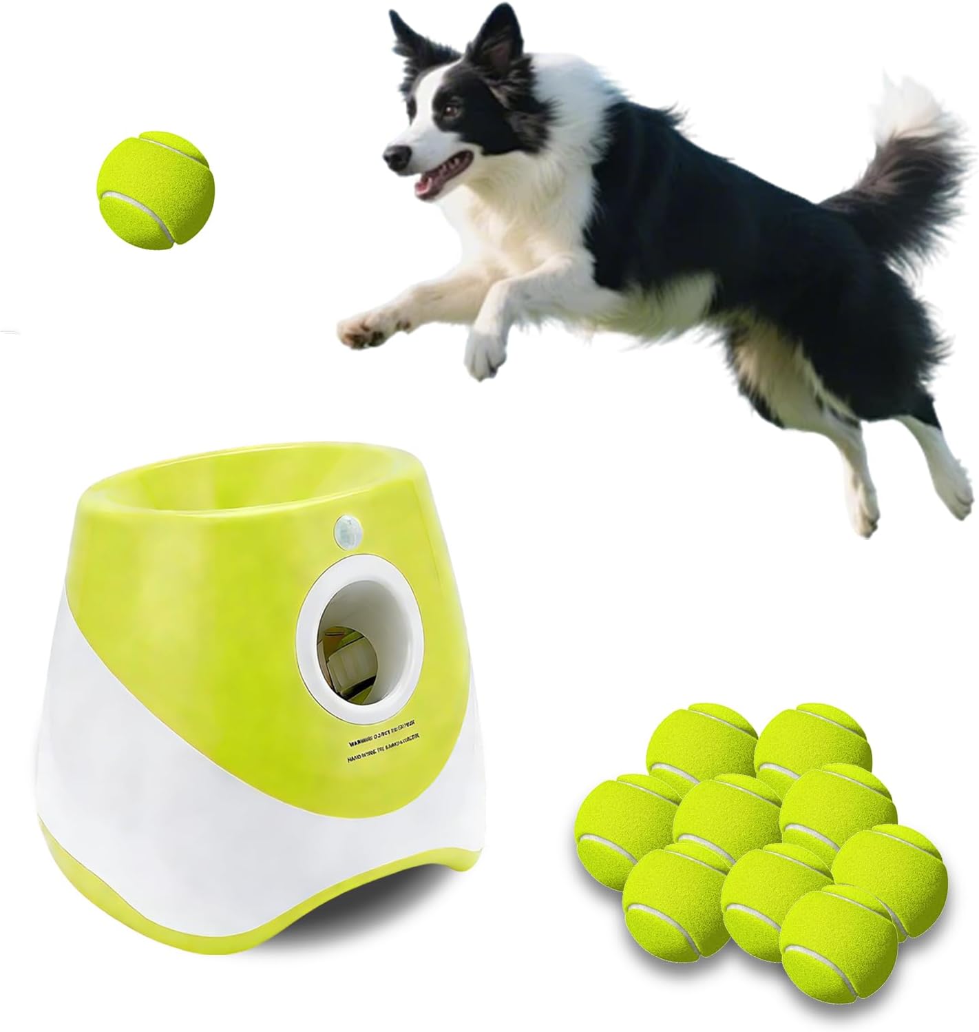 Automatic Dog Ball Launcher for Small to Medium Dogs - Hands-Free Interactive Fetch Toy, 3 Adjustable 10-30Ft Distance, 9 Pcs 2 Inch Eco-Friendly Dog-Safe Mini Tennis Balls. (Green)