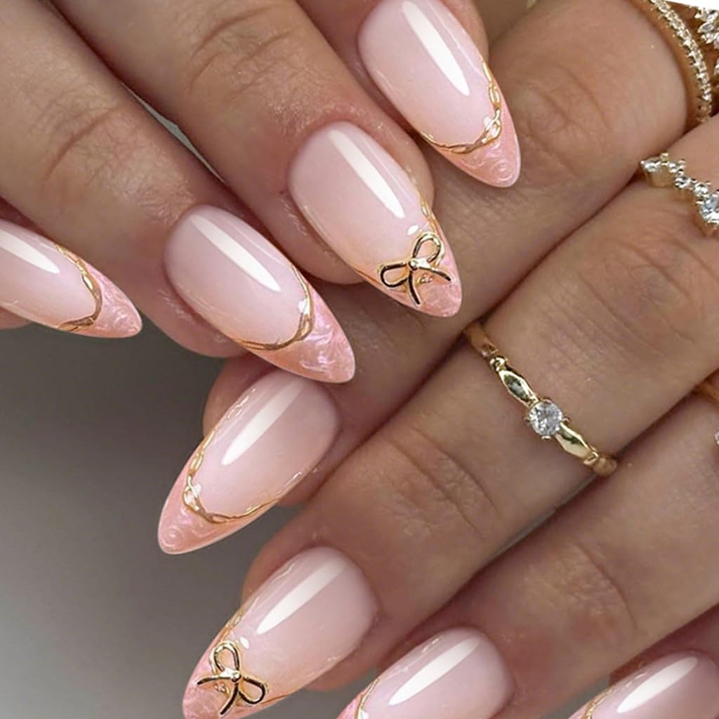 French Inspired False Nails With Golden Bows Accents Almond Shaped Nails Art Designs Premium ABS Easy To Apply