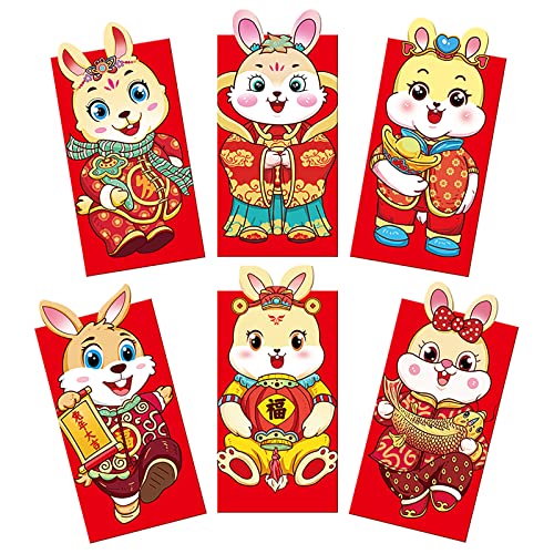 Lot de 6 enveloppes rouges chinoises Hongbao 2023 Année de l'Année du Lapin Paquet rouge Fête du Printemps Bonheur Paquet doux pour Mariage Nouvel An, (6,4 x 3,5 pouces) (C) Cover