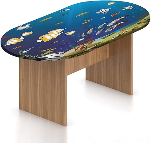 Oval Fitted Tablecloth,Aquarium Elasticized Polyester Table Cover,Different Fishes at Bottom of Ocean Sealife Cartoon Print Fitted Table Cloth, for