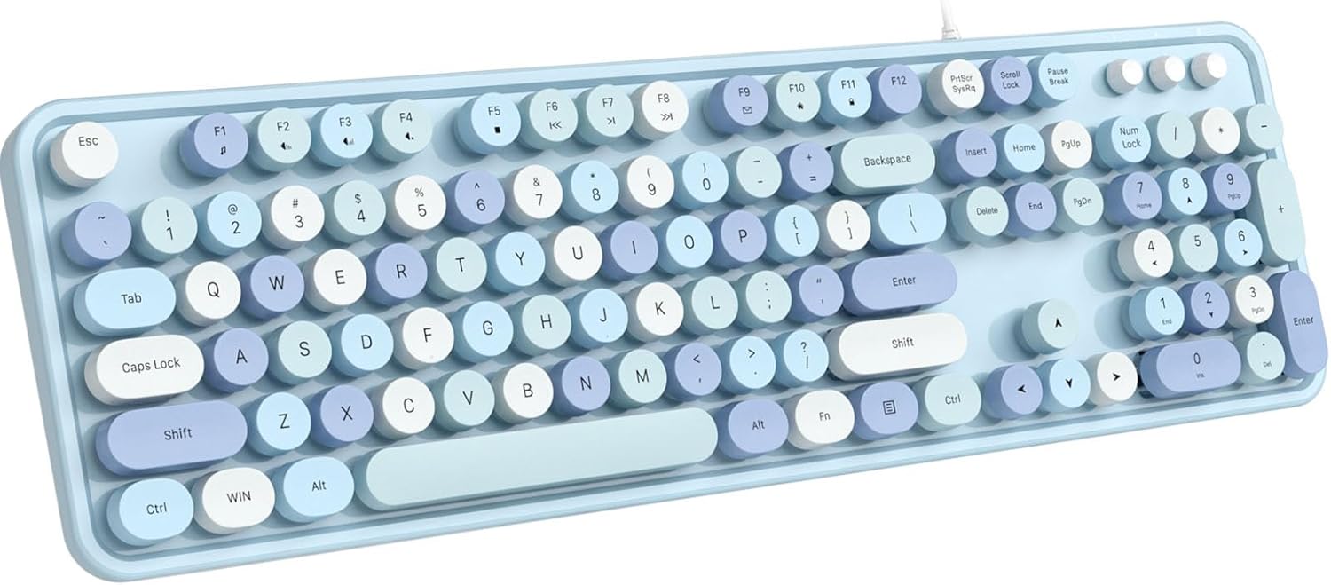MOFII Computer Keyboard Wired, USB Plug Play Round Key Retro Typewriter Keyboard, Office Full Size Keyboard with Foldable Stands for Laptop PC Windows- Blue Colorful