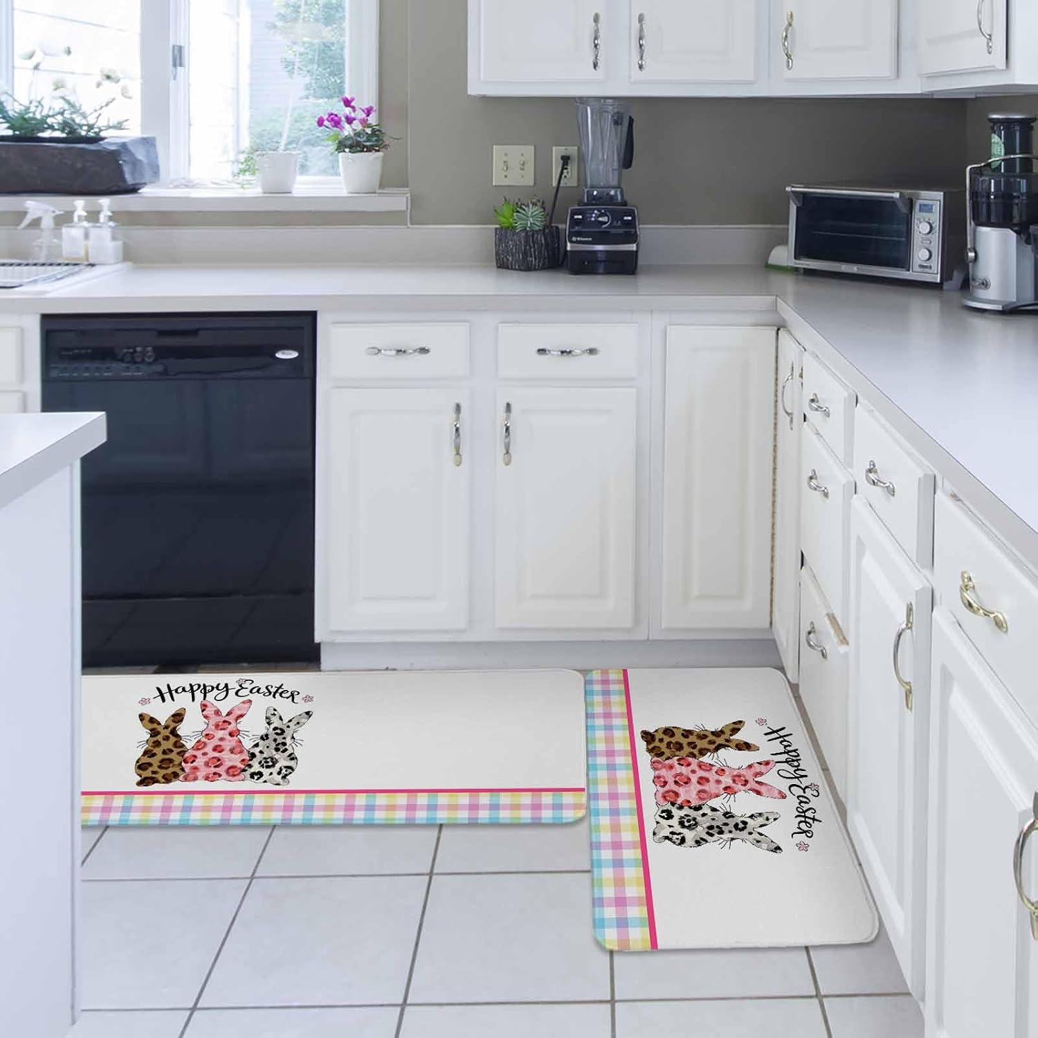 Easter Kitchen Rugs and Mats Set of 2, Non-Slip Kitchen Sink Mat, Spring Colorful Leopard Printed Bunny Flower Striped Washable Doormat Bathroom Rugs Runner for Bedroom 17.7"x30"+17.7"x47.2"