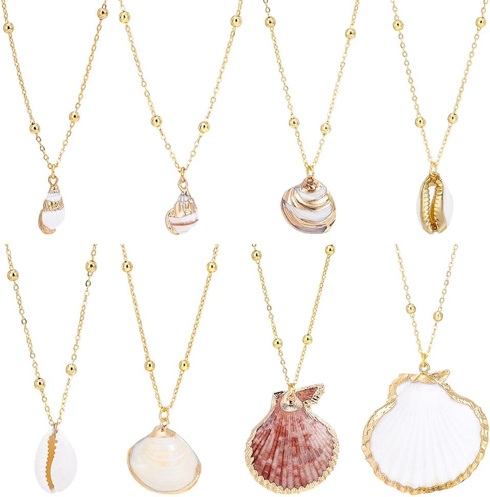 PH PandaHall 8 Styles Natural Seashell Scallop Conch Pendant Necklace Golden Seashell Adjustable Sea Shell Necklace Ocean-Inspired Handcrafted Necklaces for Women Ocean Jewelry Gifts