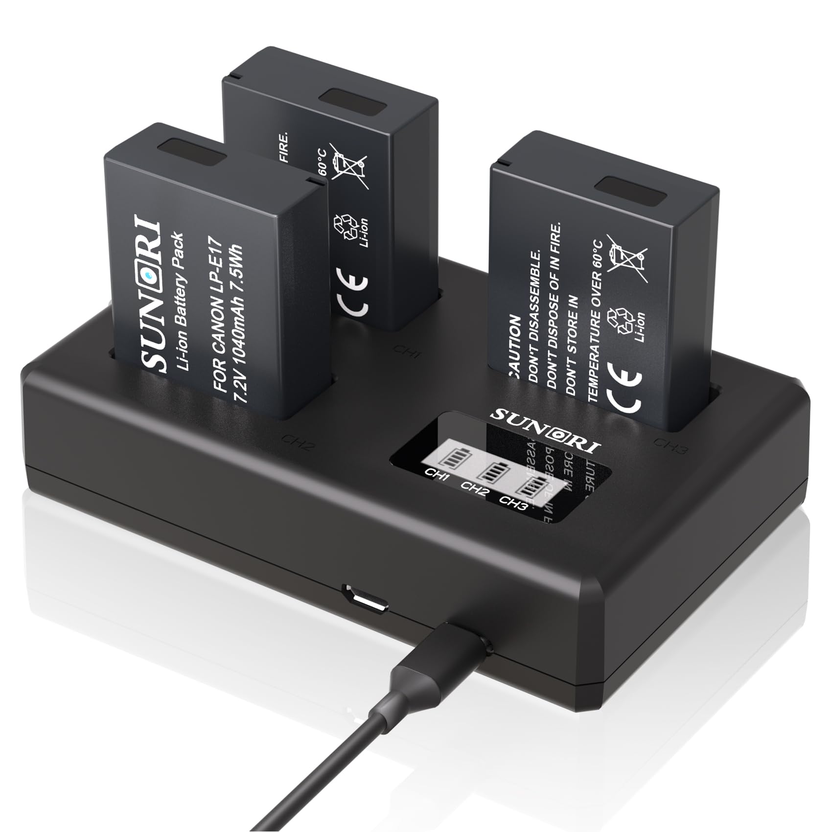 SUNORI 3-Pack LP-E17 Battery and Upgraded 3-Slot LCD Charger Compatible for Canon LPE17 EOS R50 R8 R100 R10 RP Canon Rebel SL2 SL3 T6i T6s T7i M3 M5