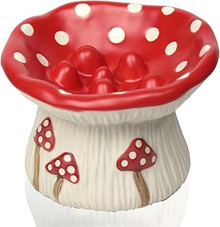 Ceramic Cat Slow Feeder, Cute Mushroom Shape Elevated Food Bowl, Shallow Raised Cat Dish, Anti Vomiting Whisker Fatigue Bowls
