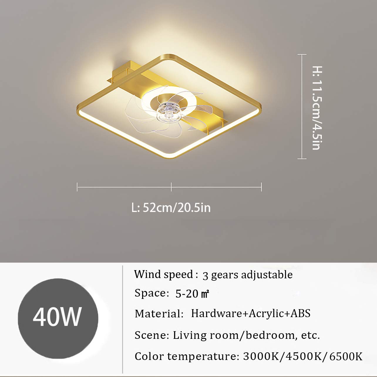 YUNZI Ventilatore Da Soffitto Con Luce LED Dimmerabile E Telecomando, 40 Cm, Bianco, 6 Velocità, Timer, Per Soggiorno E Camera