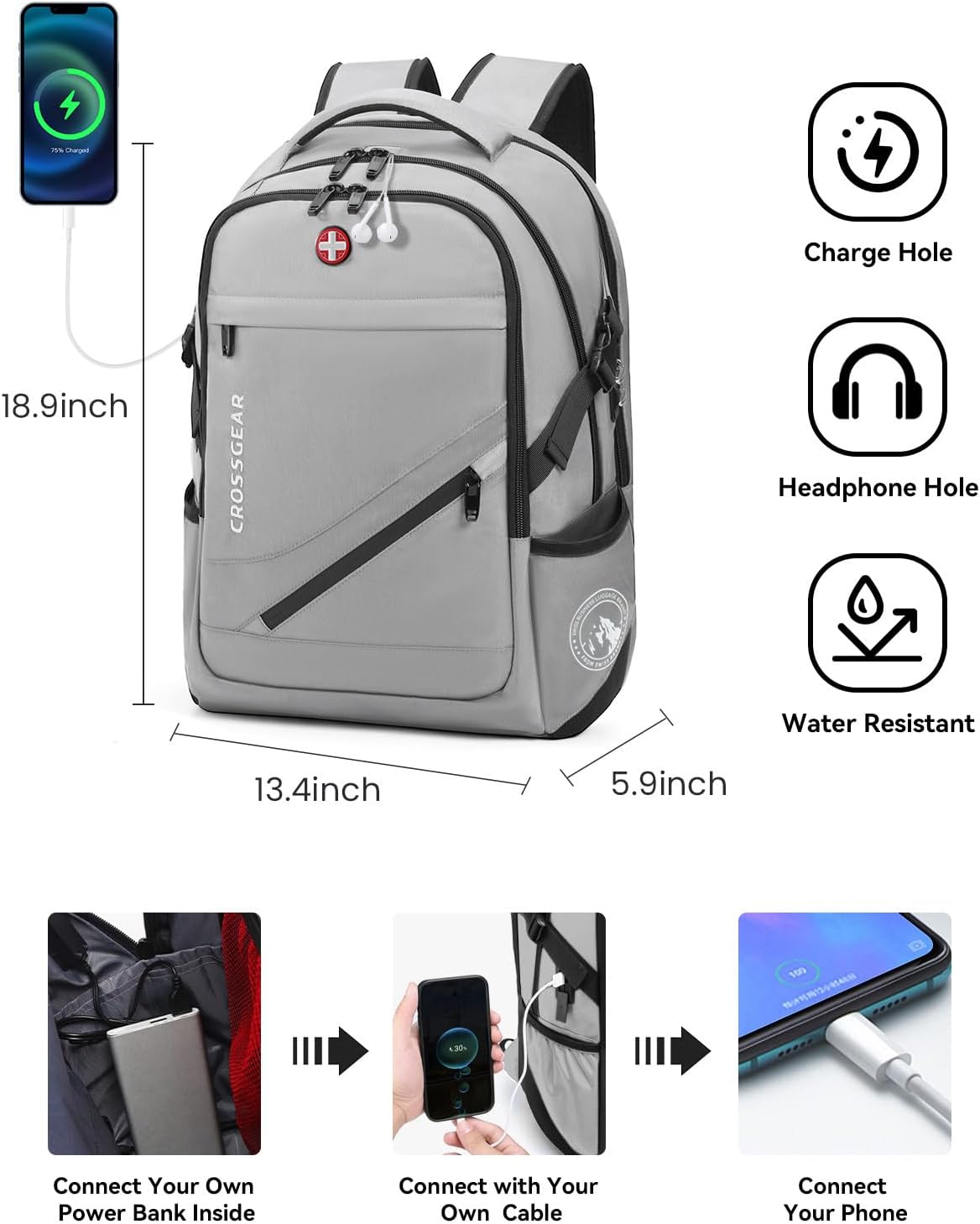 CROSSGEAR Large Travel Backpack Anti-Theft Laptop Bag with Password Lock Water Resistant Bookbag Airline Approved Business Work Computer Bag with USB Charging Port Fit 17.3 Inch Laptops for Men Women