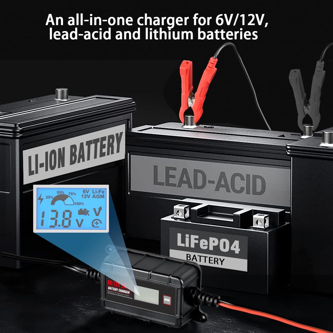 TN TONNY Automotive Use 12V 2A Battery Trickle Charger, 6V/12 Volt Lead Acid & 14.6V LiFePO4/12.6V Li-ion Battery Charger Maintainer, Smart Battery Charger for Car/Motorcycle/ATV/Lawn Mower