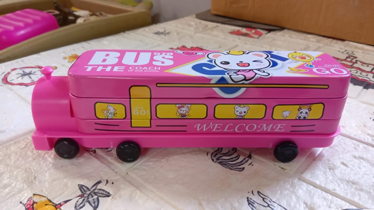 Wowli Double Decker Magic Bus Compass 2 Layer Metal Bus Compass Case with Movable Wheels Bus Shape with Tiers Metal Box for Children Birthday Party 1
