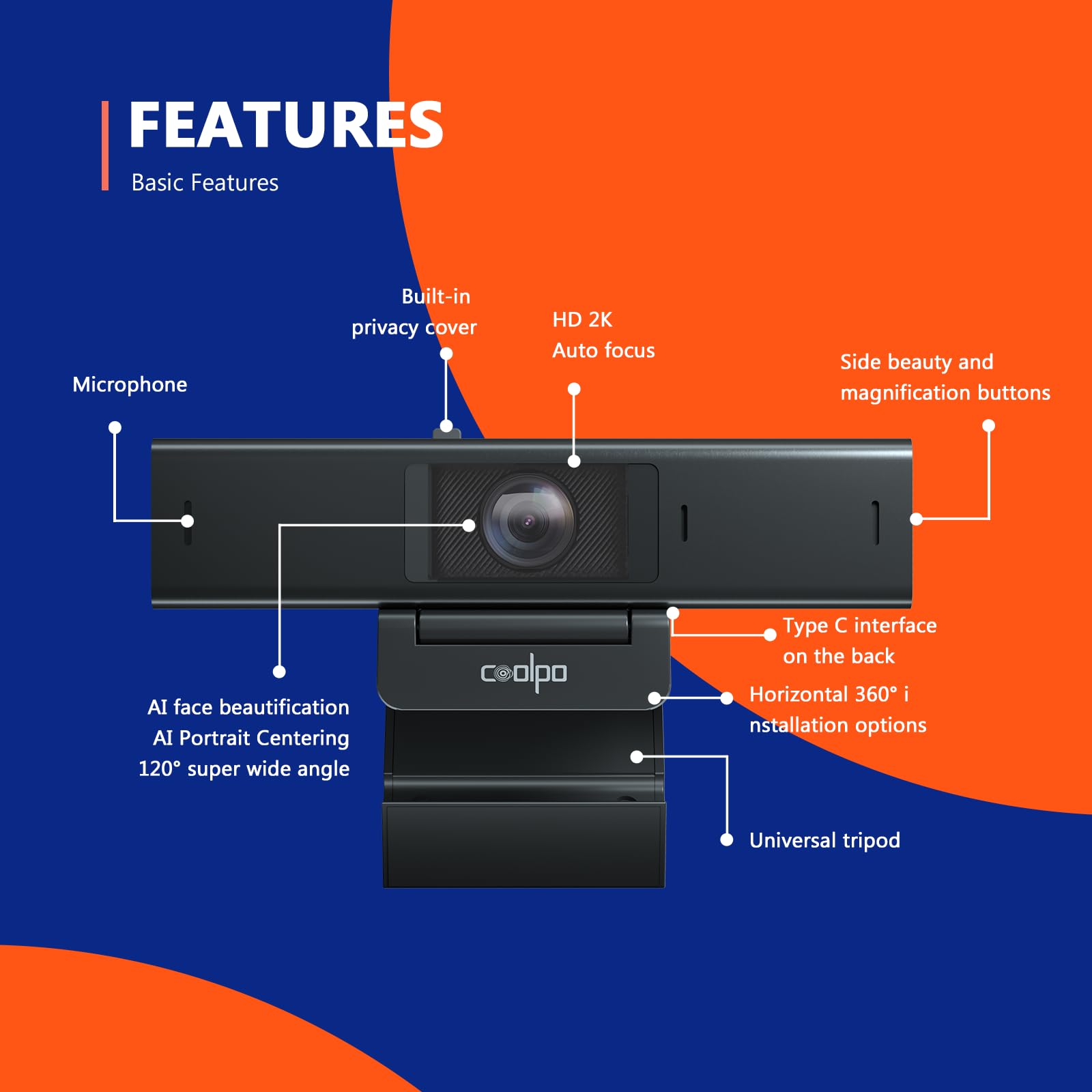COOLPO Desk Mate Webcam, Streaming Webcam, cámara de documentos, cámara web de computadora con micrófono y control de software, AutoFocus, cancelación de ruido IA, cámara de reducción de ruido HD