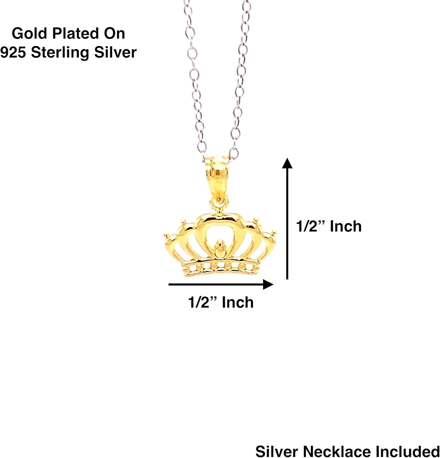 Charm America - Gold Plated Crown Pendant Necklace- Gold Plated on 925 Sterling Silver- Silver Adjustable Necklace 16"-18" - Image 3
