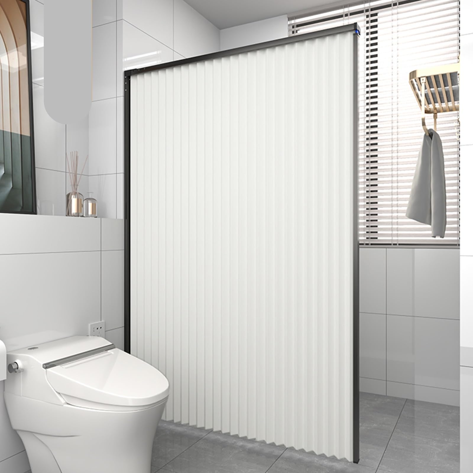 Ensemble de rideau de douche pliable invisible – Tissu imperméable, design à double poulie, décoration de salle de bain peu encombrante, 3 options de couleur – Idéal pour les maisons modernes.