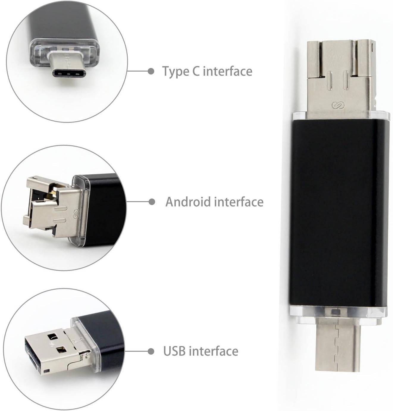 64G OTG USB Stick High Capacity Flash Disk Metal Case 3 in 1 Flash drive for Android Type C Smartphone Tablet Macbook and Chromebook Pixel (Black)