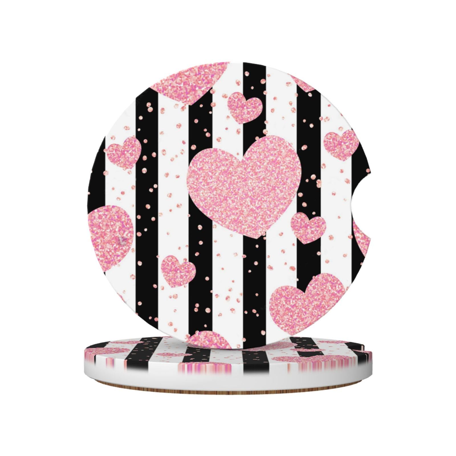 Romantic Heart Rose Gold Sequin Stripe, Car Cup Holder Coasters 2 Pack, Absorbent Ceramic Car Coasters with Non Slip Cork Base